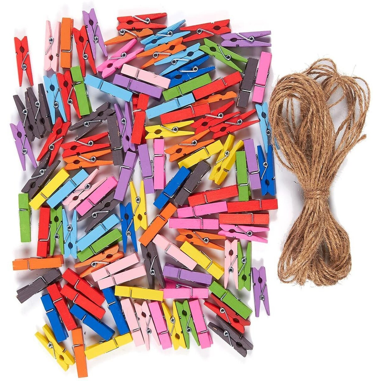 Mini Wooden Clothespins with Jute Twine for Crafts (1.4 in, 100 Pieces)